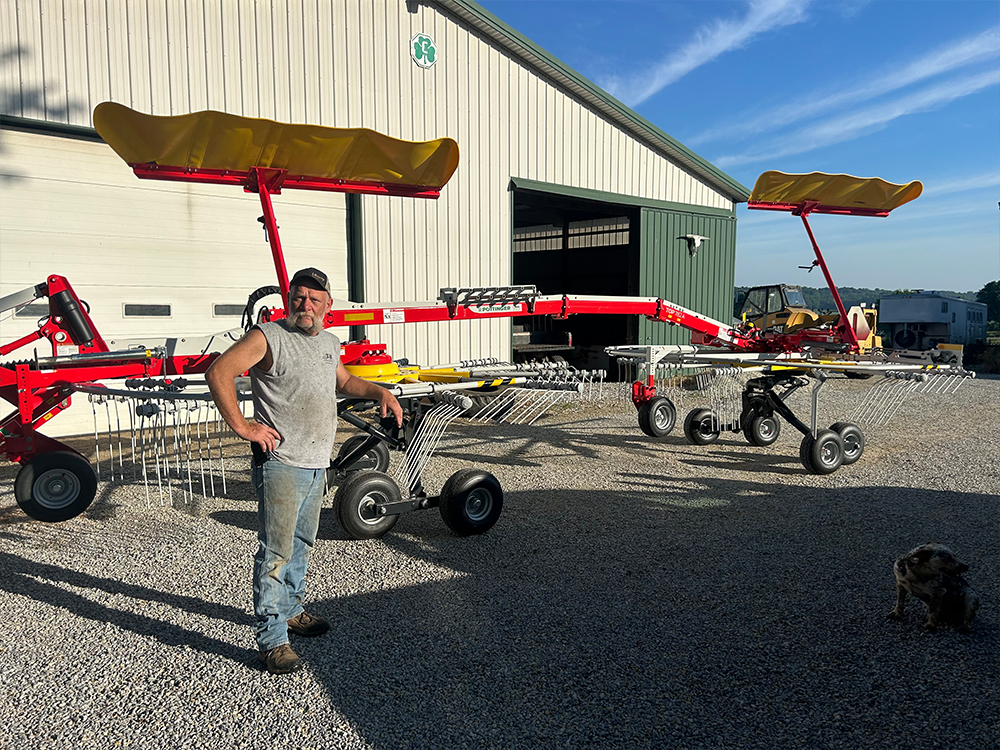 Box 2: Brad Wetzel purchased a new Poettinger 782 Dual Rotor Rake